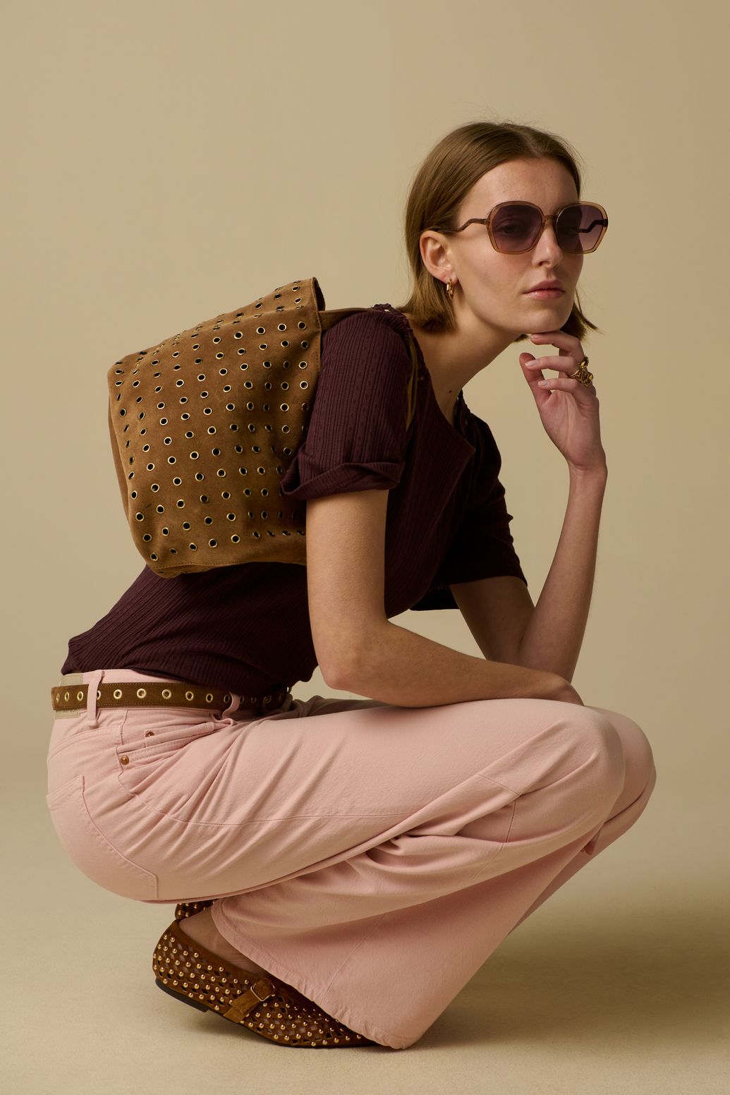 Sac en daim avec clous - marron