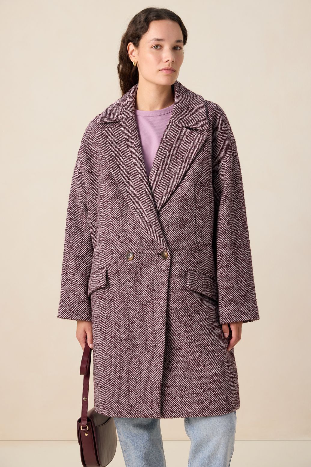 Mantel mit Fischgrätenmuster - dunkelrot