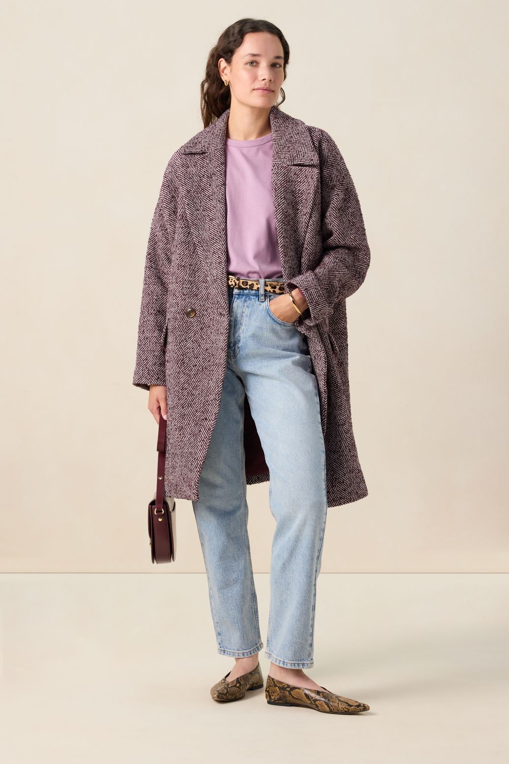 Mantel mit Fischgrätenmuster - dunkelrot