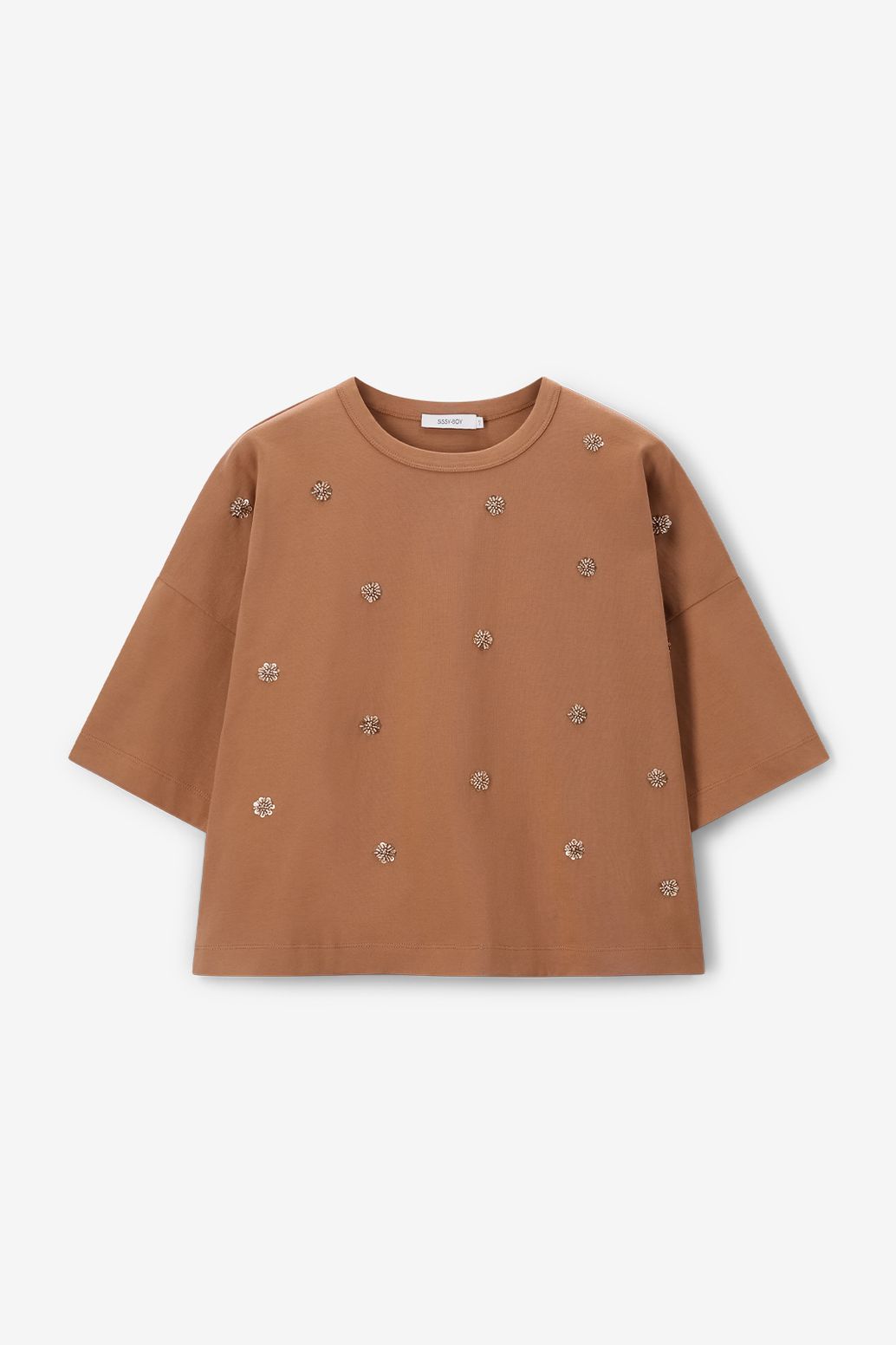 T-Shirt aus Jersey mit Perlenstickerei - braun