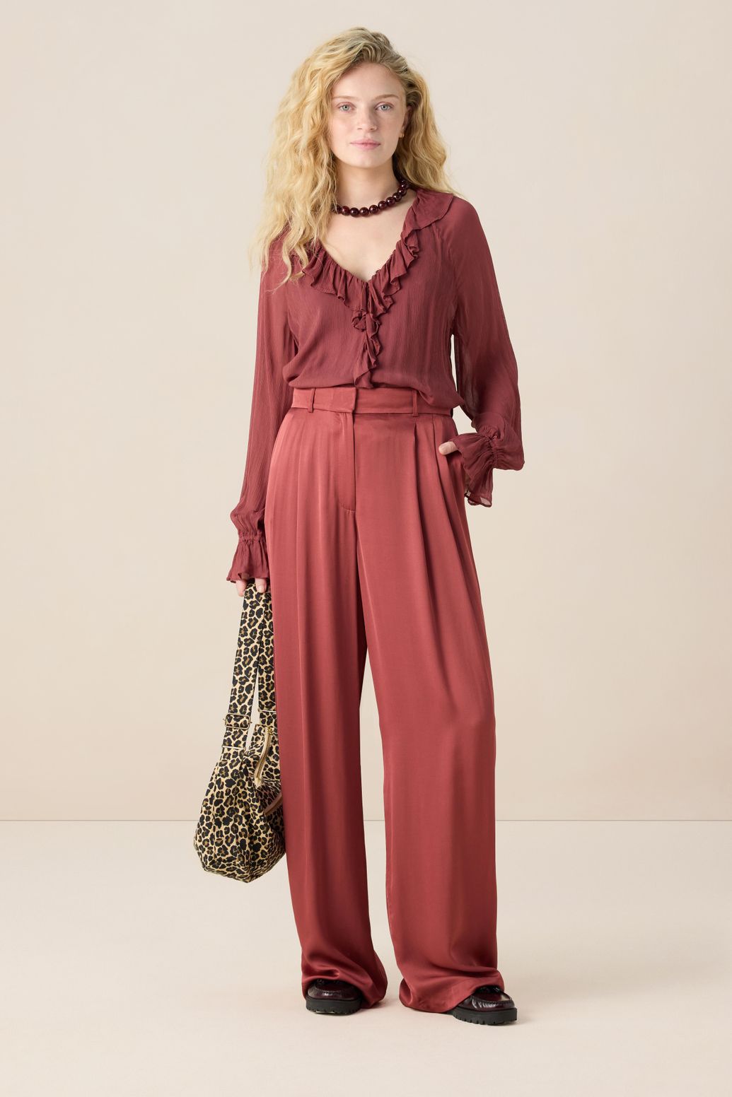 Pantalon taille haute jambes larges - rouge