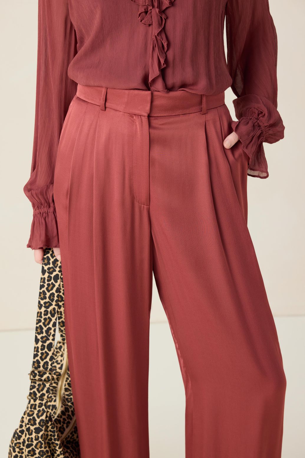 Pantalon taille haute jambes larges - rouge