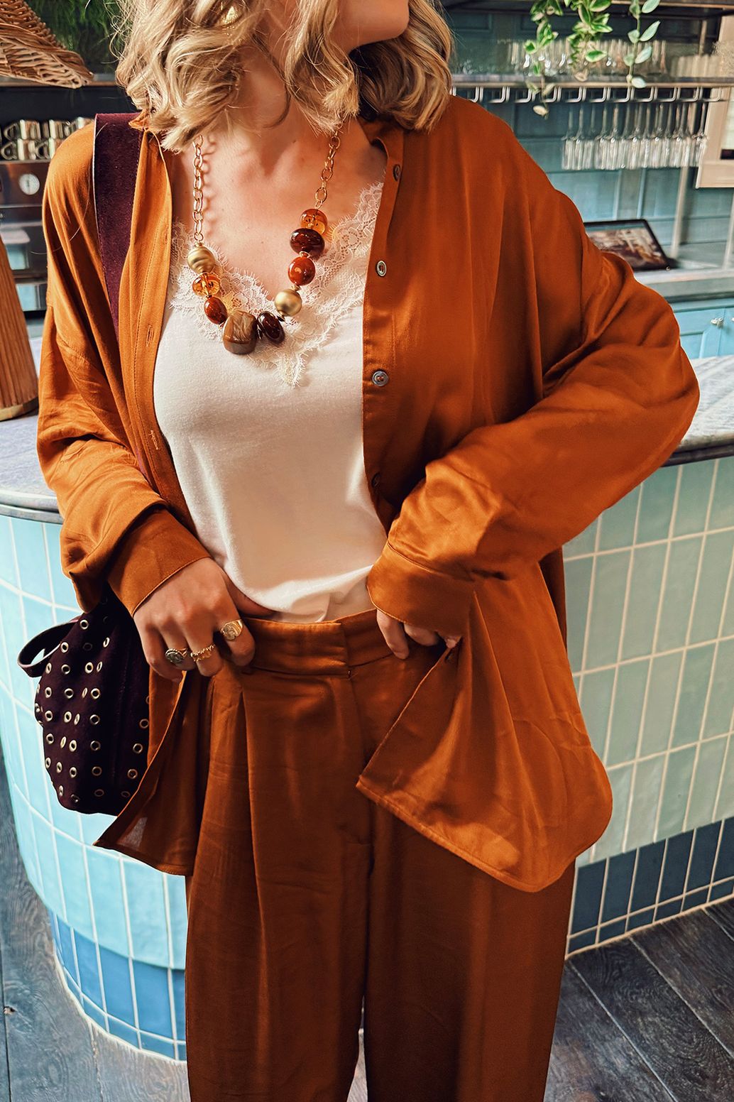 Bruine high waist wide leg broek