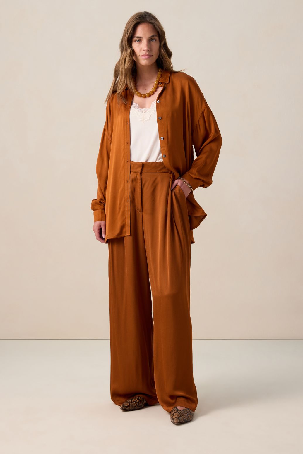 Bruine high waist wide leg broek