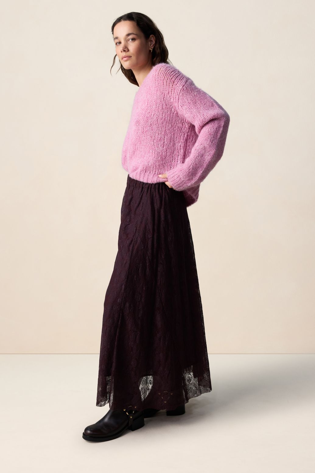 Jupe longue en dentelle - marron foncé