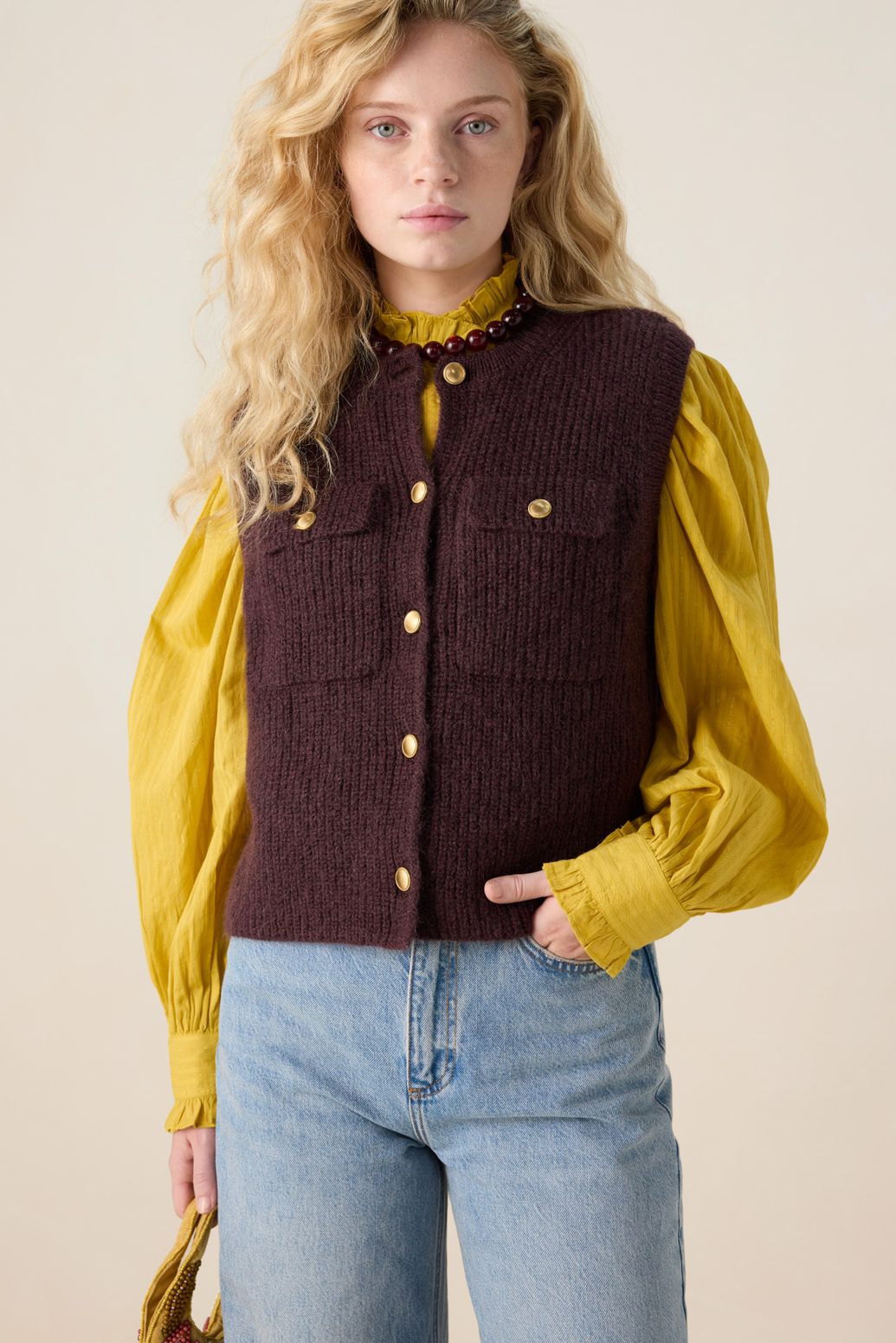 Donkerbruin gebreid gilet