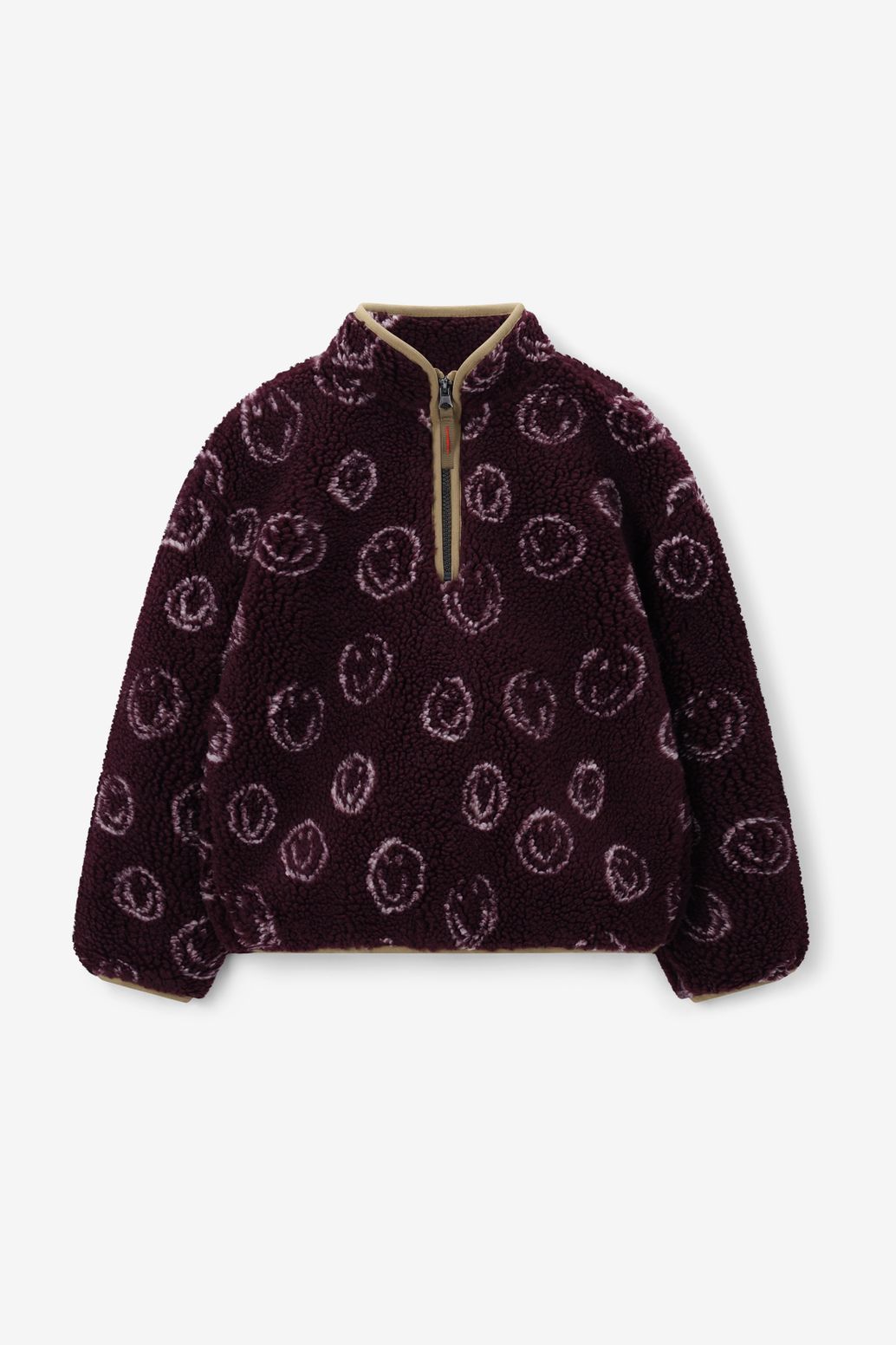 Donkerrode teddy sweater met smileys