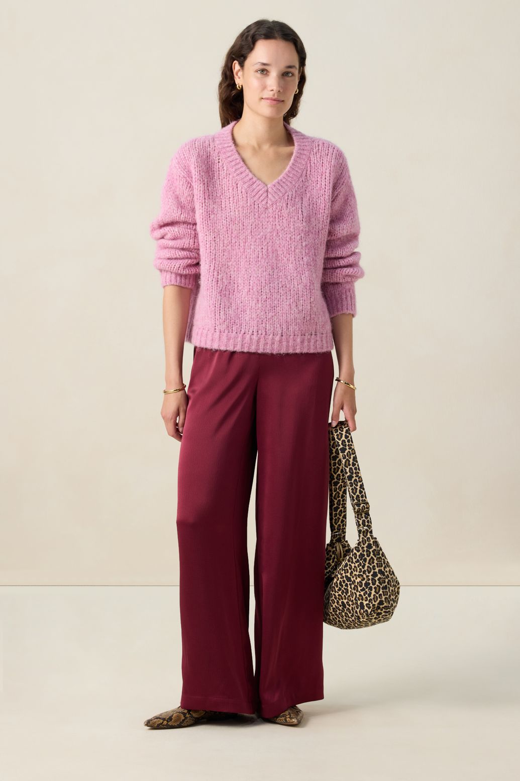 Pantalon taille haute jambes larges - rouge foncé