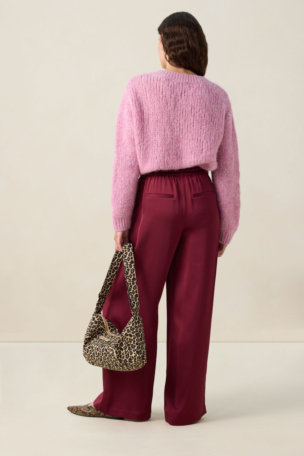 Pantalon taille haute jambes larges - rouge foncé