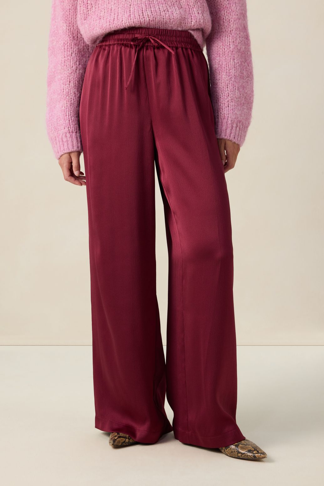 Pantalon taille haute jambes larges - rouge foncé