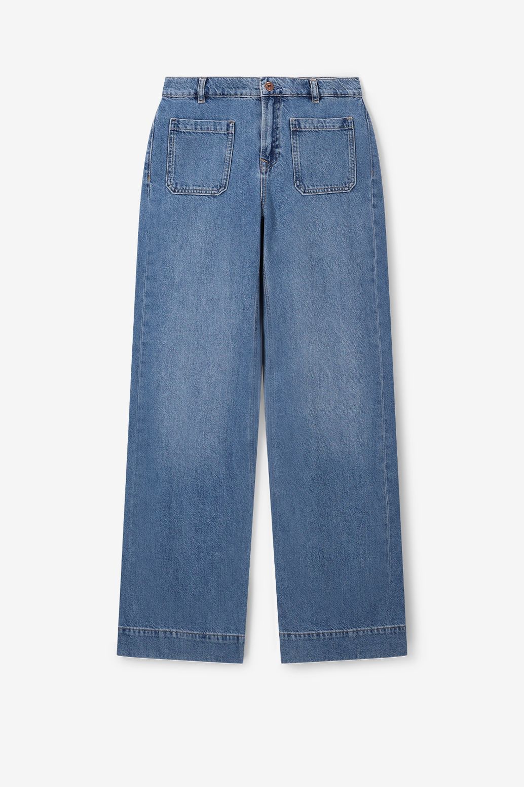 Blauwe high waist flared jeans met opgestikte zakken