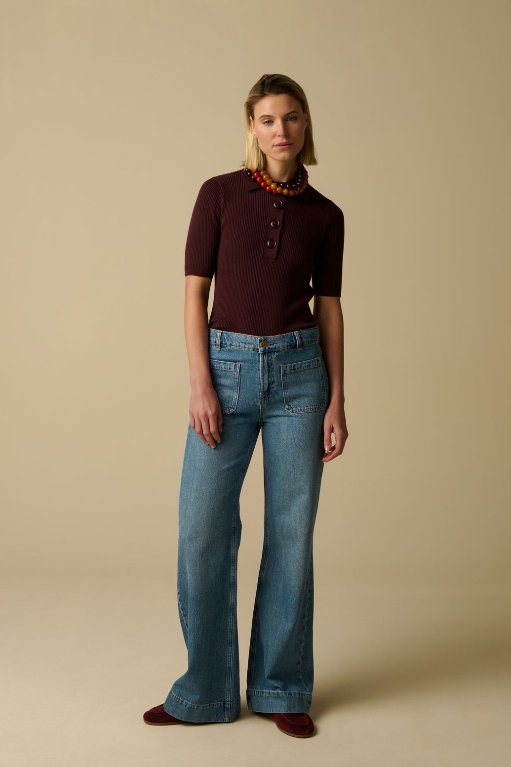 Jean évasé taille haute avec poches plaquées - bleu