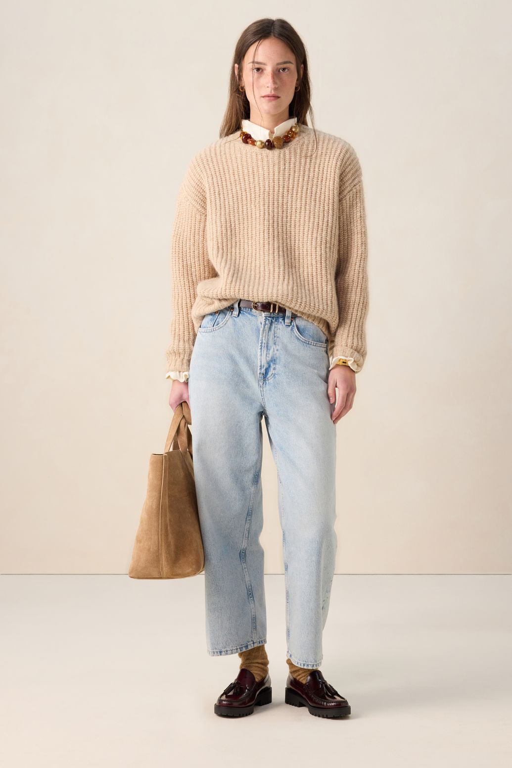 Pull grosse maille en laine - beige