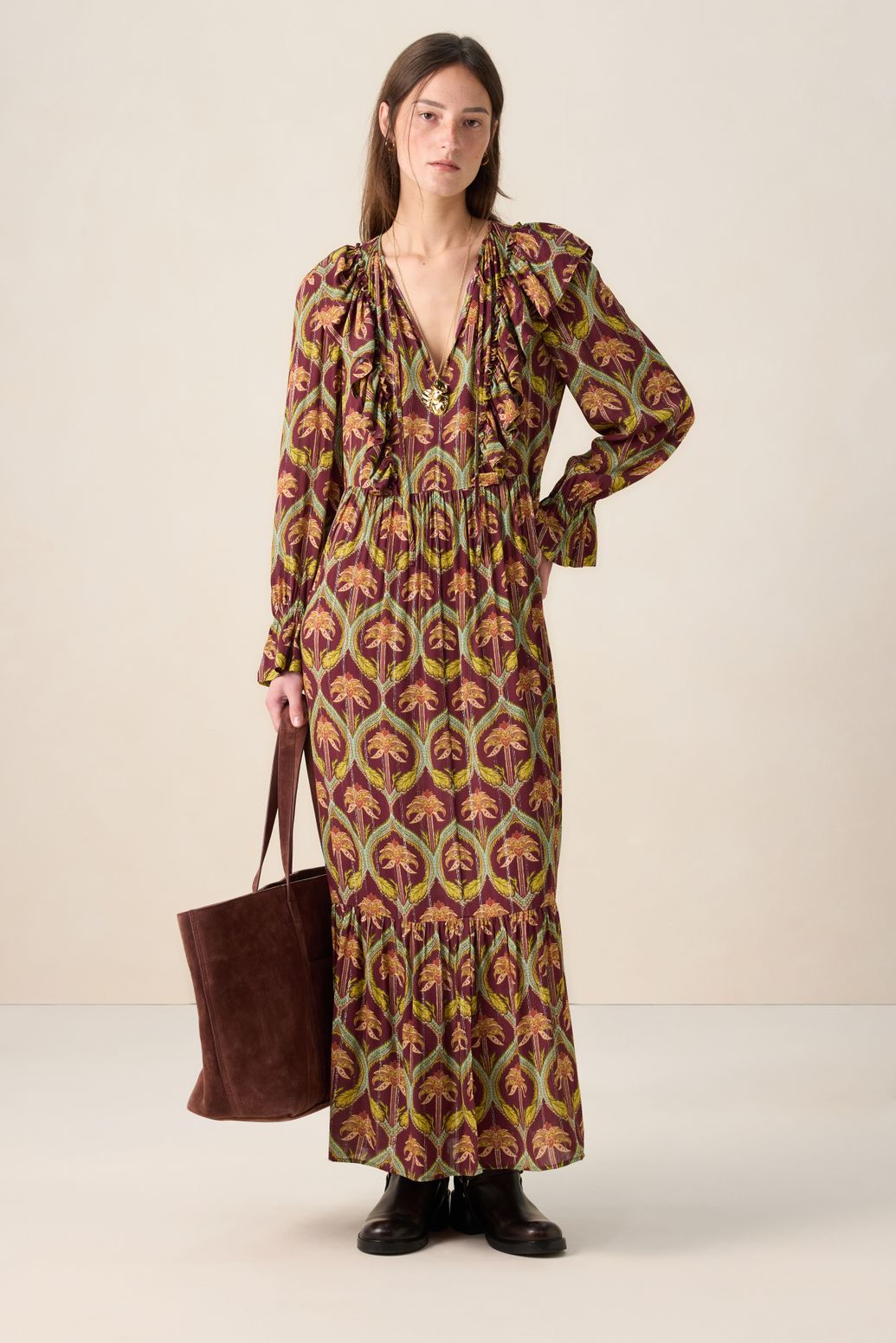 Robe longue avec imprimé palmiers - rouge foncé