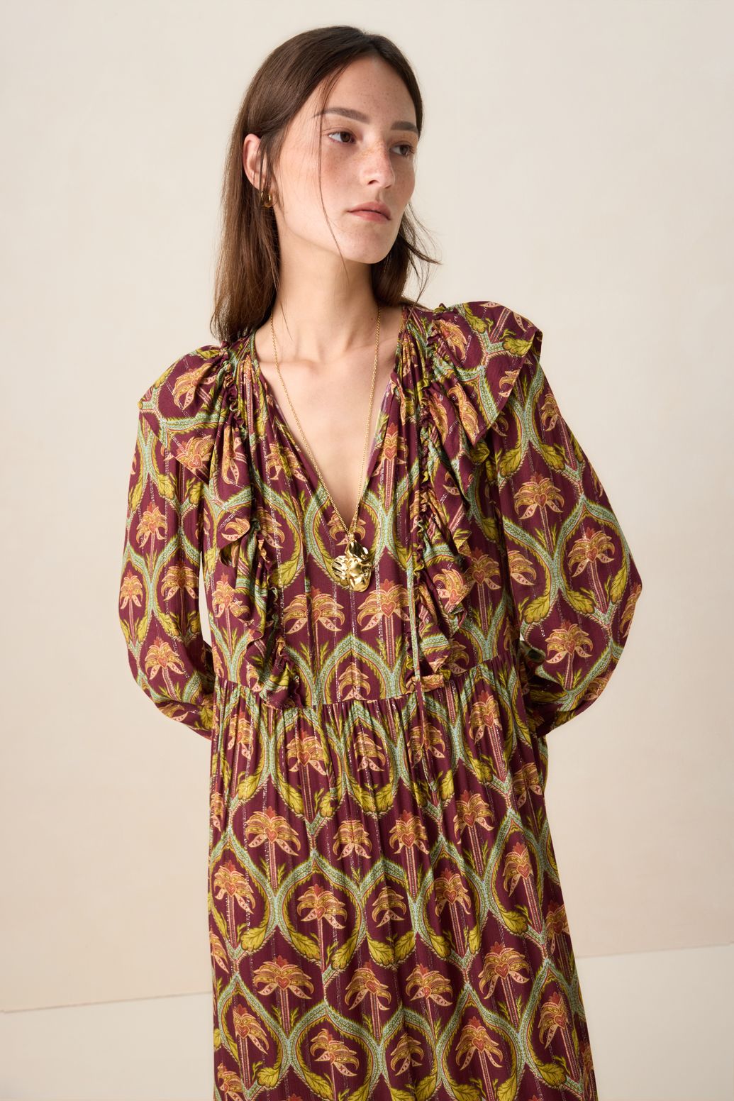 Donkerrode maxi jurk met palm print