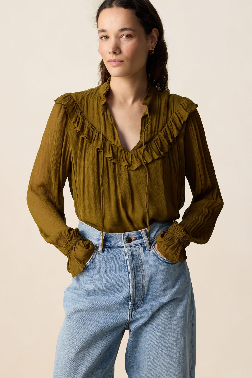 Bluse mit Rüschen - dunkelgrün