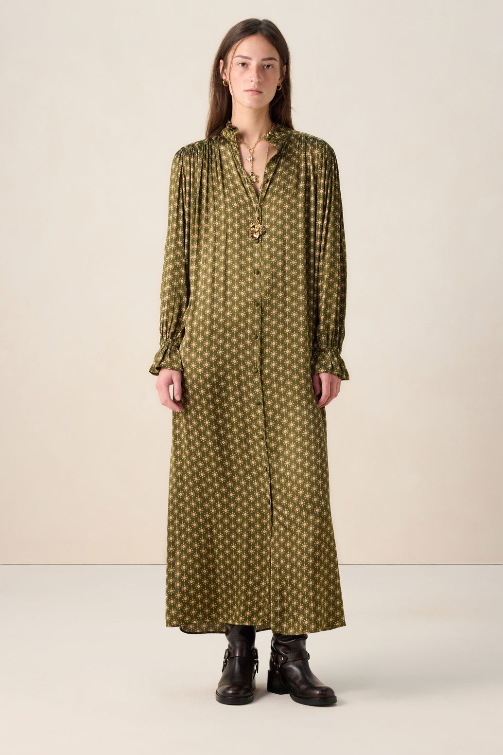 Gemustertes Maxi-Kleid - dunkelgrün