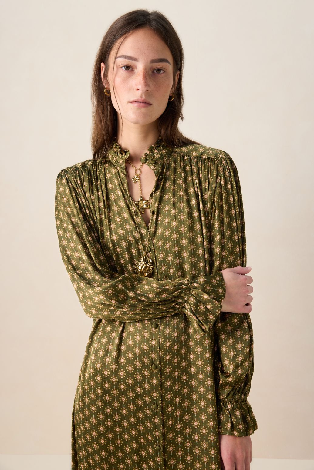 Gemustertes Maxi-Kleid - dunkelgrün