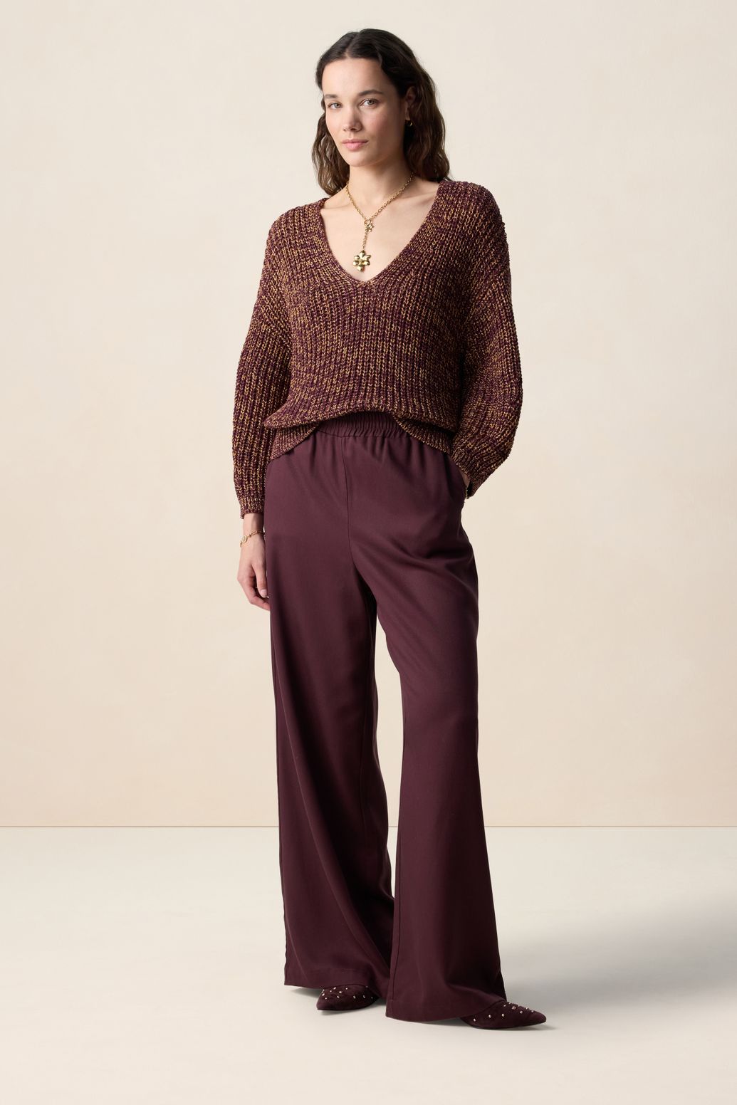 Lurex-Pullover mit V-Ausschnitt - dunkelrot