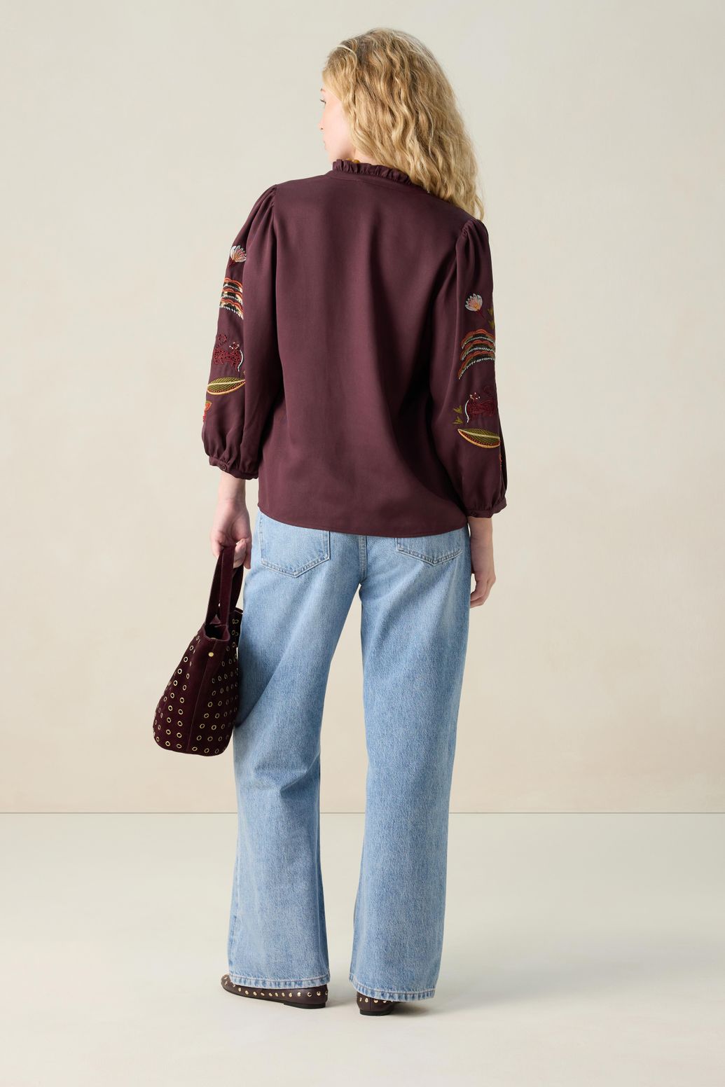 Bluse mit Stickerei - dunkelbraun