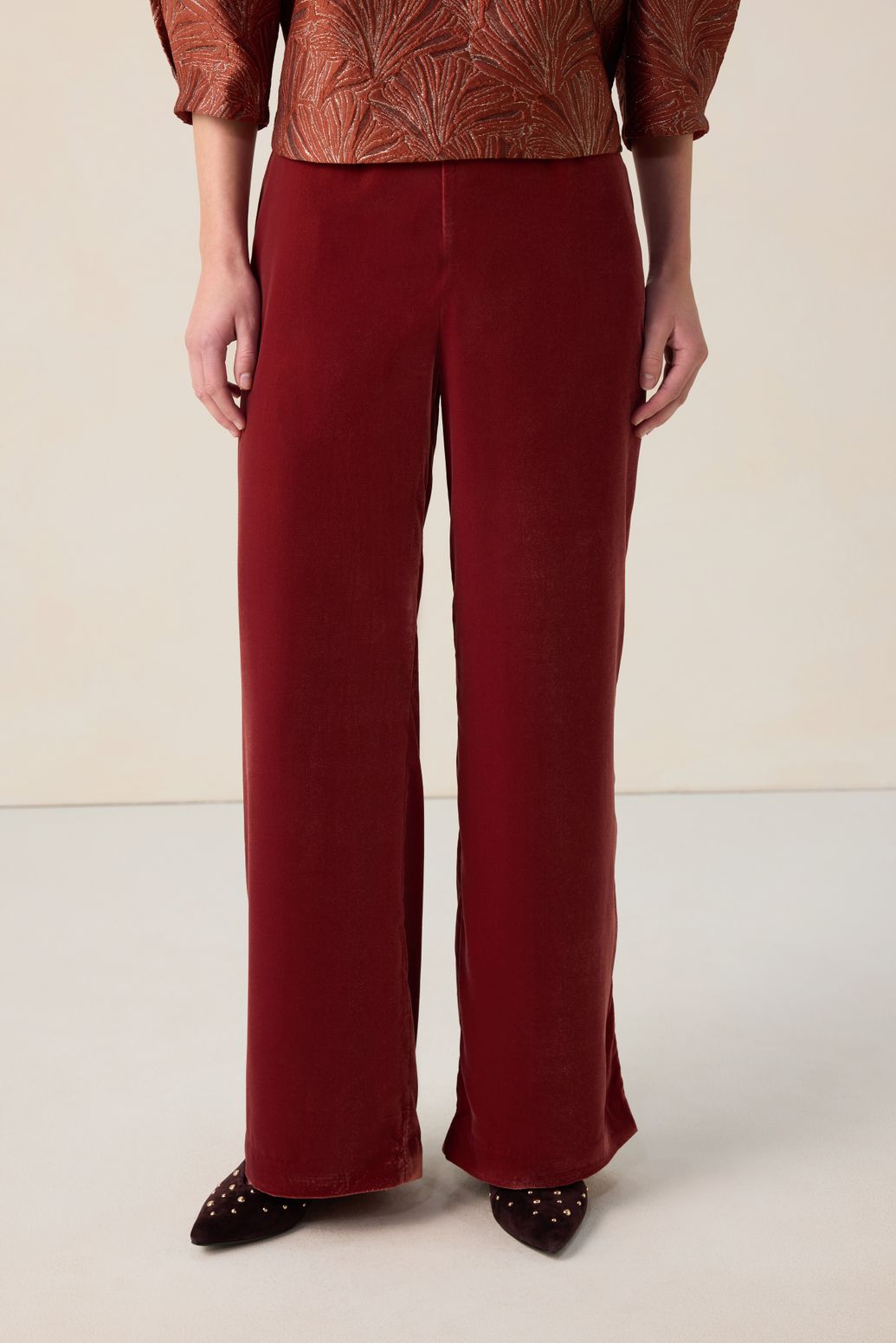 Rode velvet wide leg broek