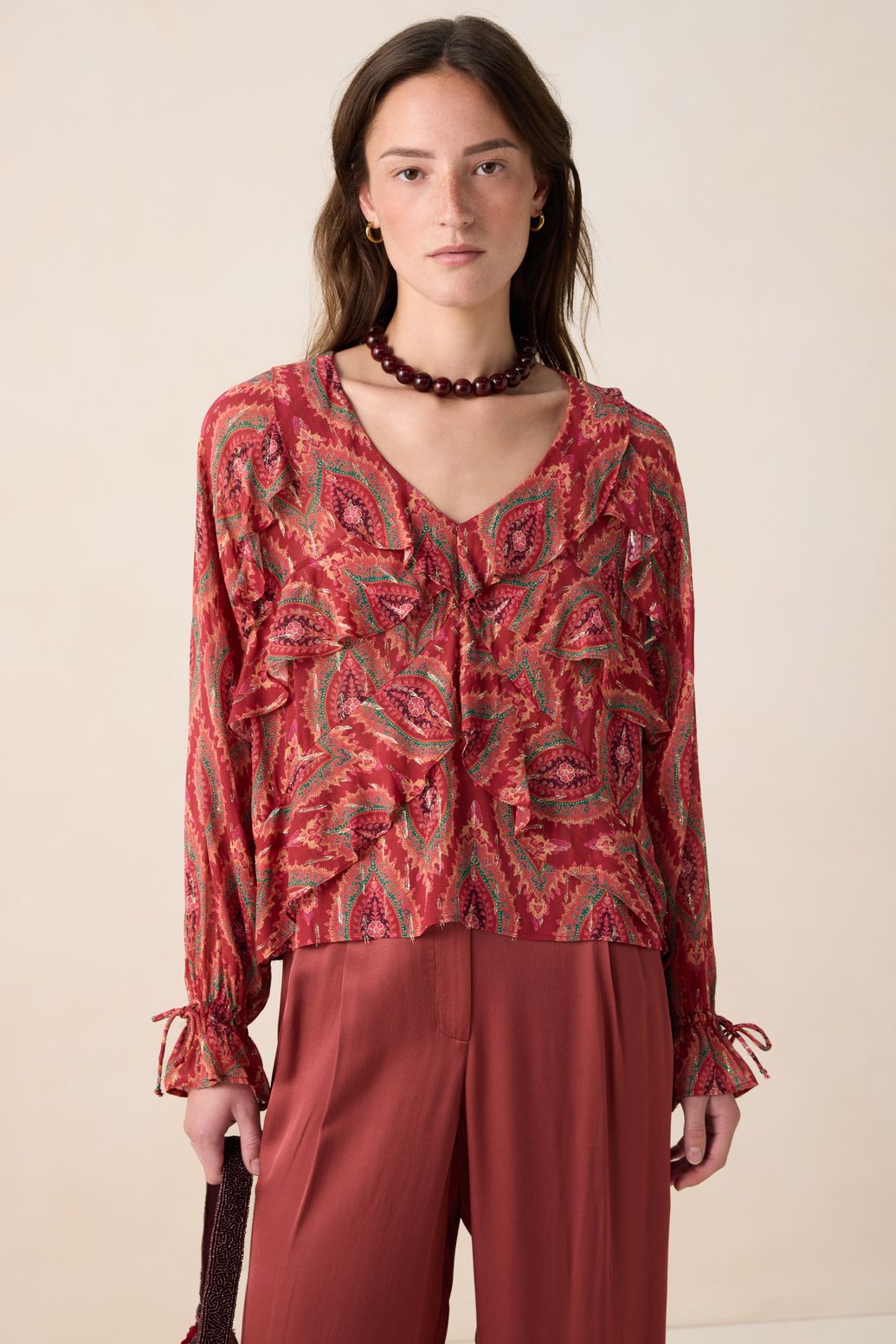 Blouse avec volants et imprimé - rouge