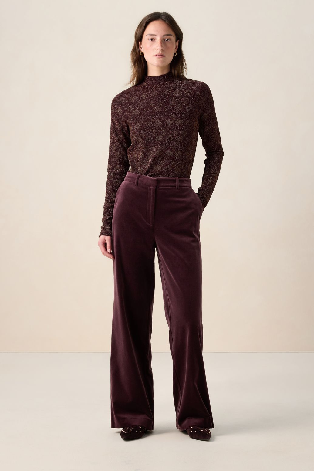 Donkerbruine high waist wide leg velvet broek