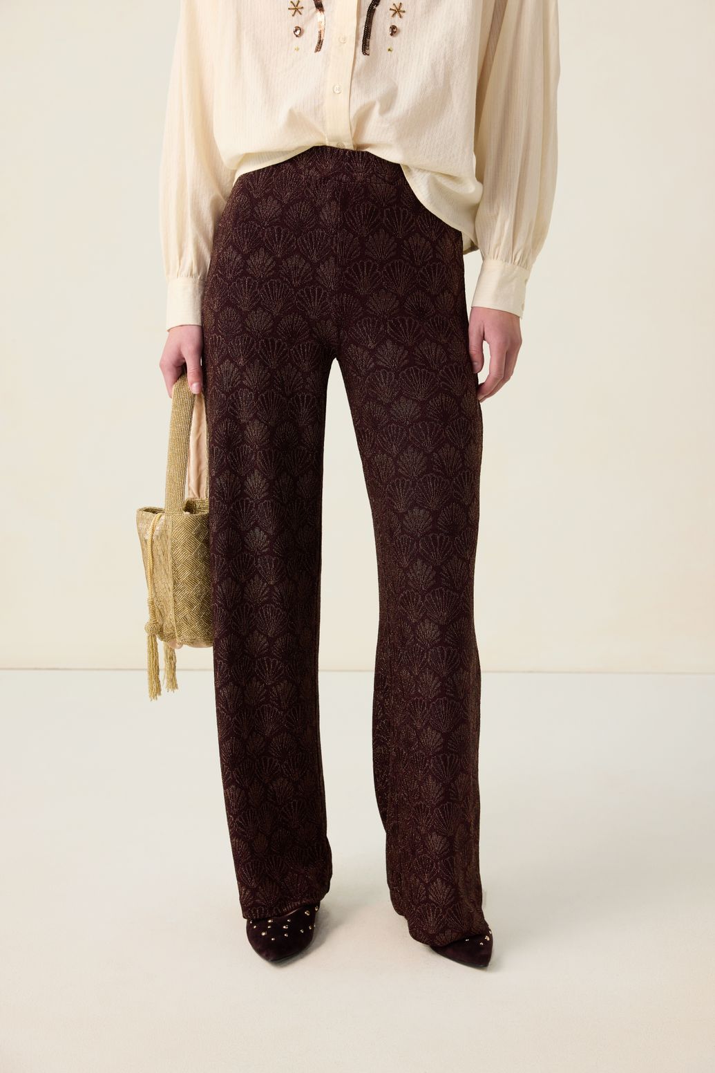 Donkerrode jacquard broek met schelpen