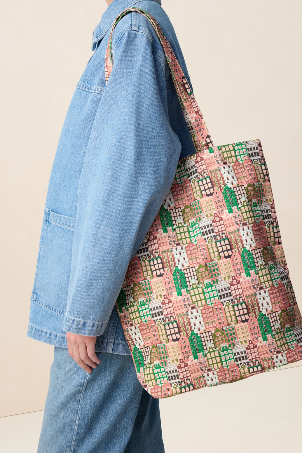 Multicolour canvas shopper met grachtenpanden