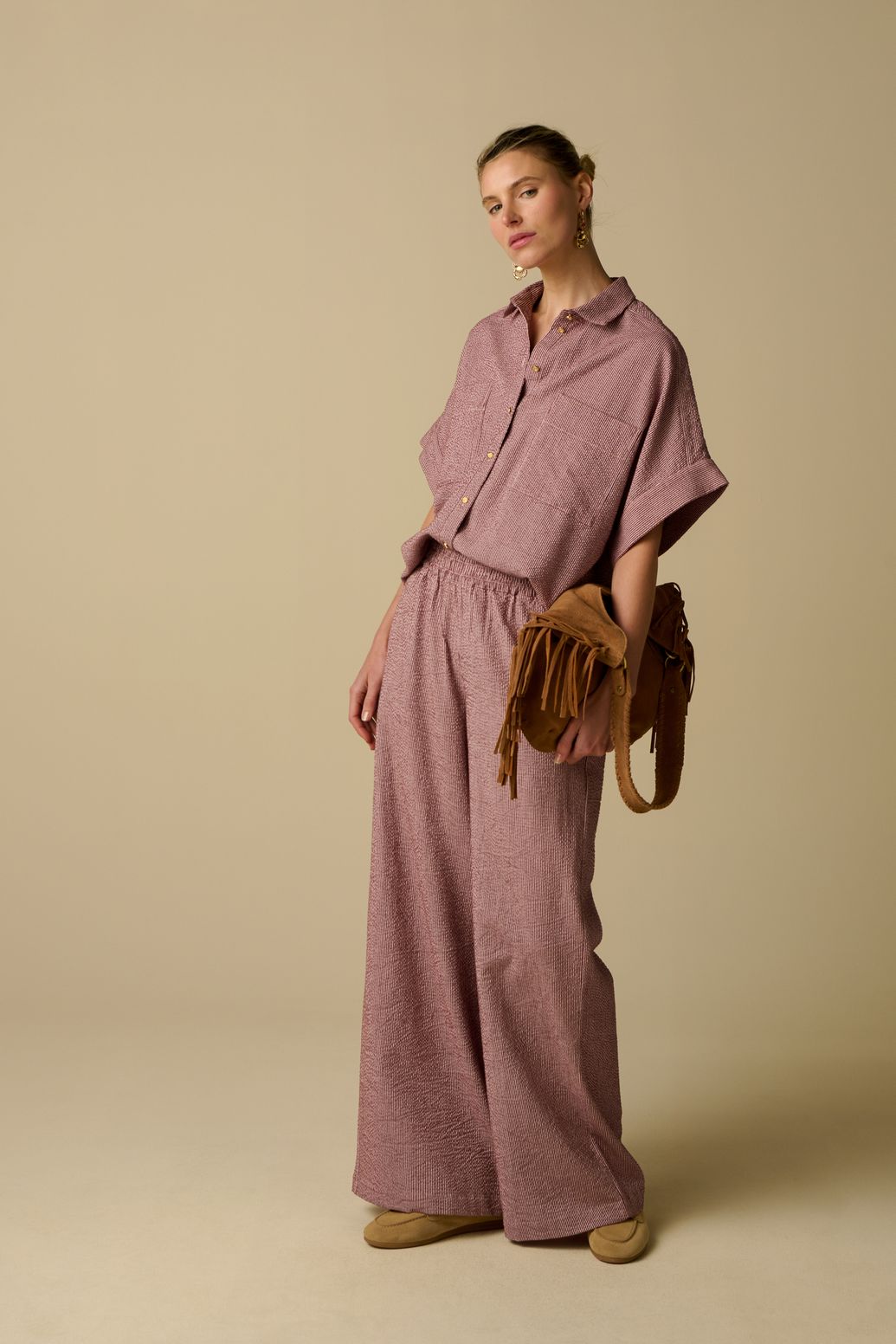 Gestreifte Kurzarmbluse - dunkelrot