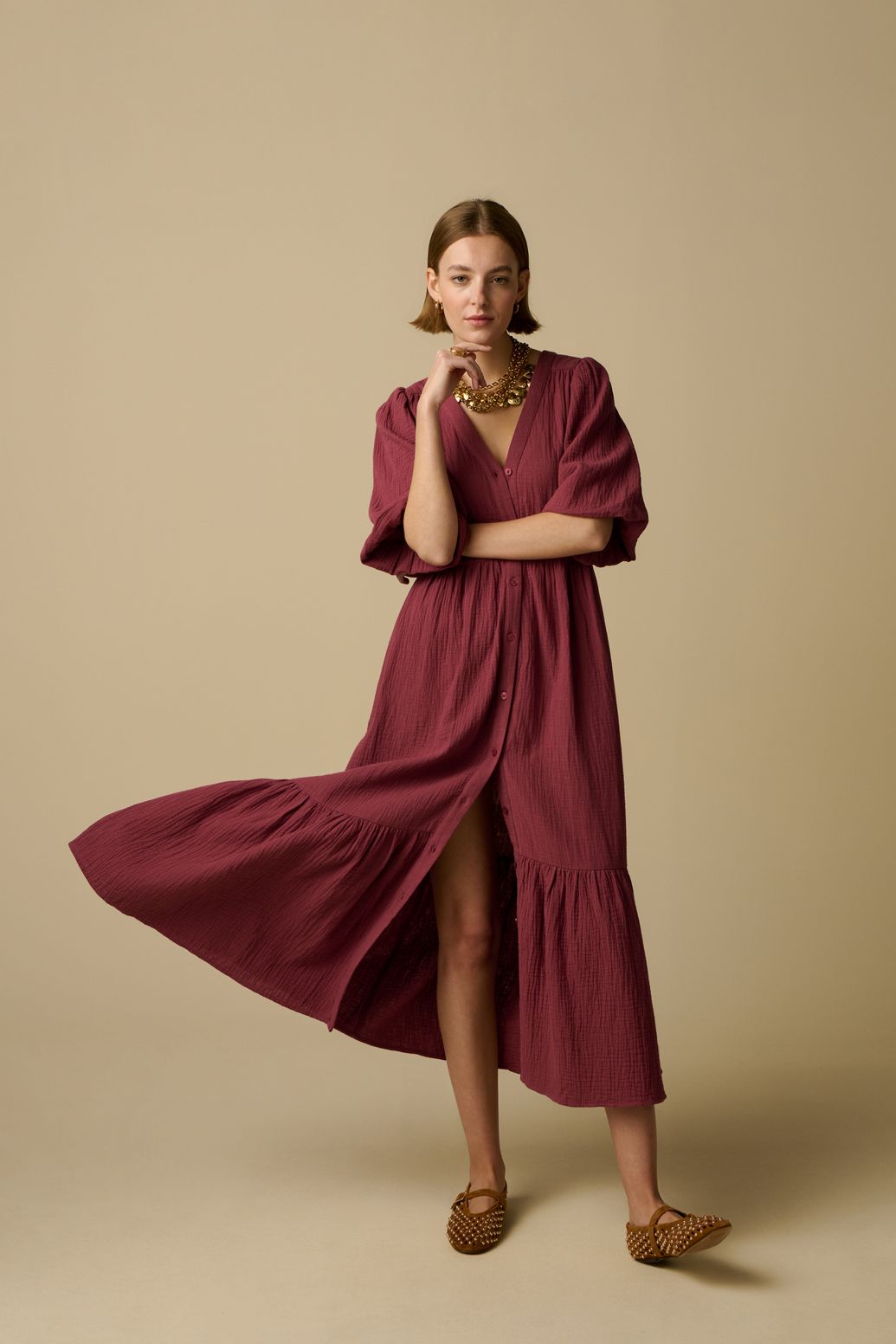 Donkerroze maxi jurk