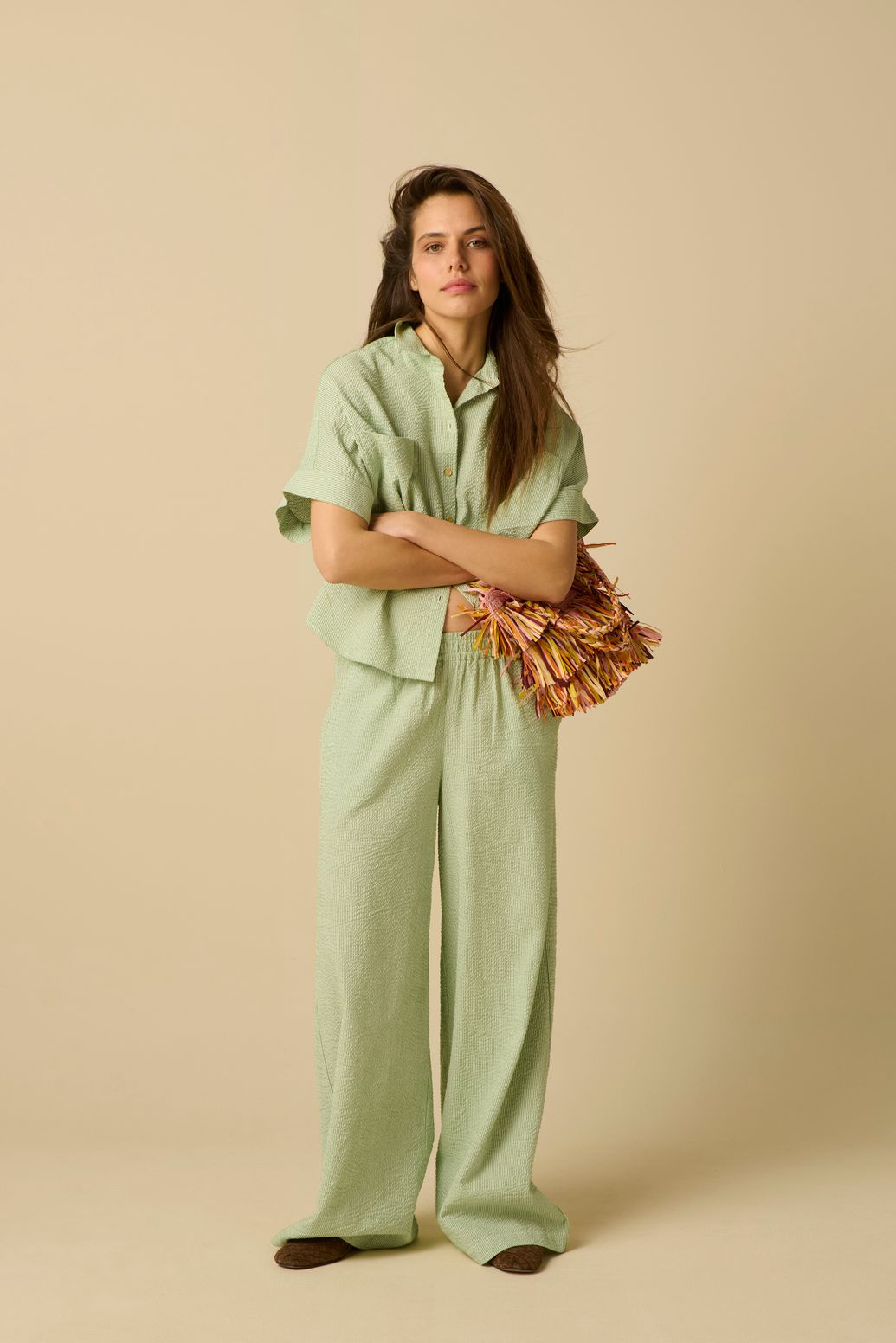 Groene gestreepte wide leg broek