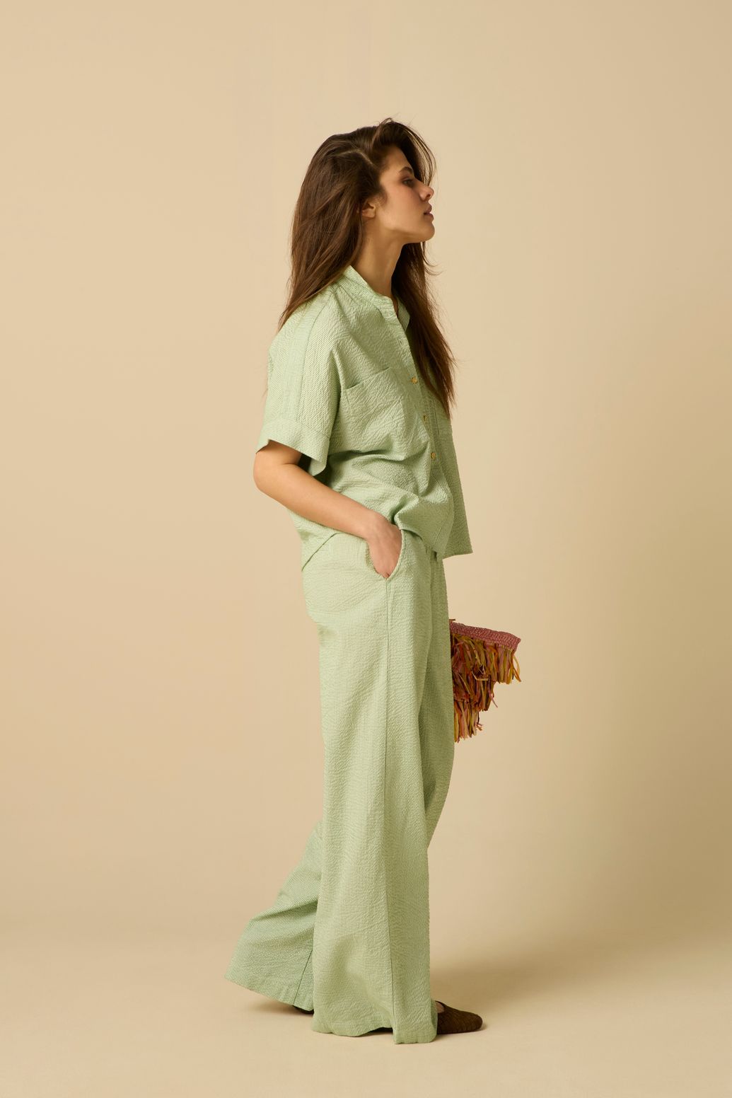 Groene gestreepte wide leg broek
