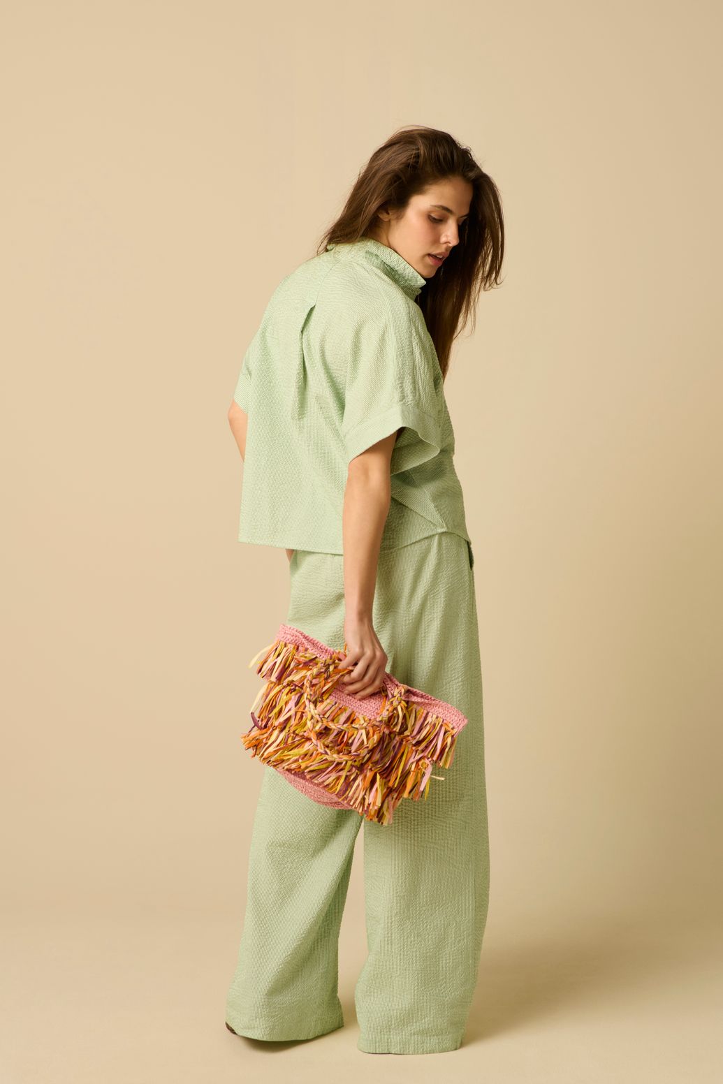 Groene gestreepte wide leg broek