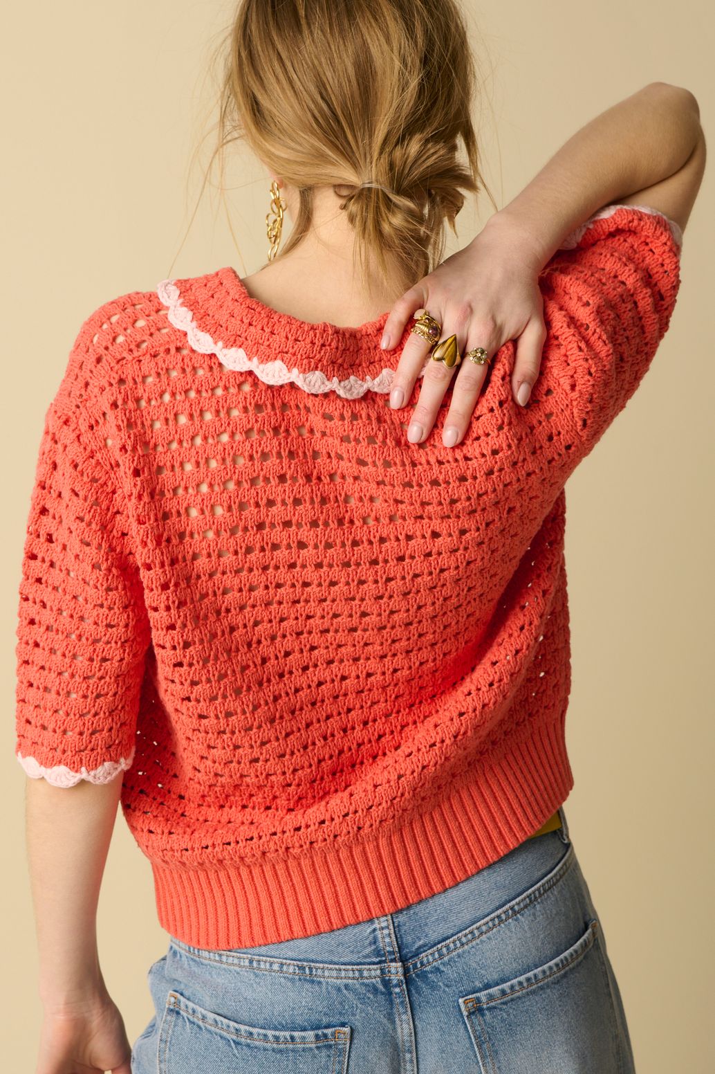 Kurzarm-Pullover mit V-Ausschnitt - orange