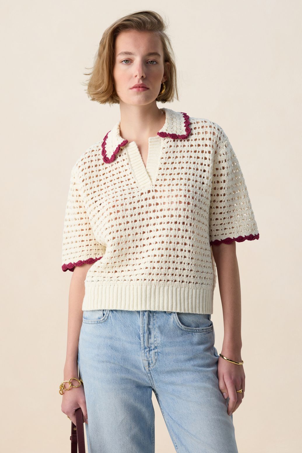 Pull ajouré avec col V - blanc