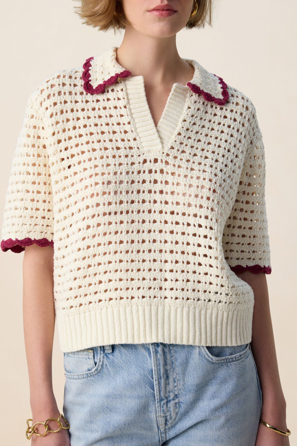 Pull ajouré avec col V - blanc