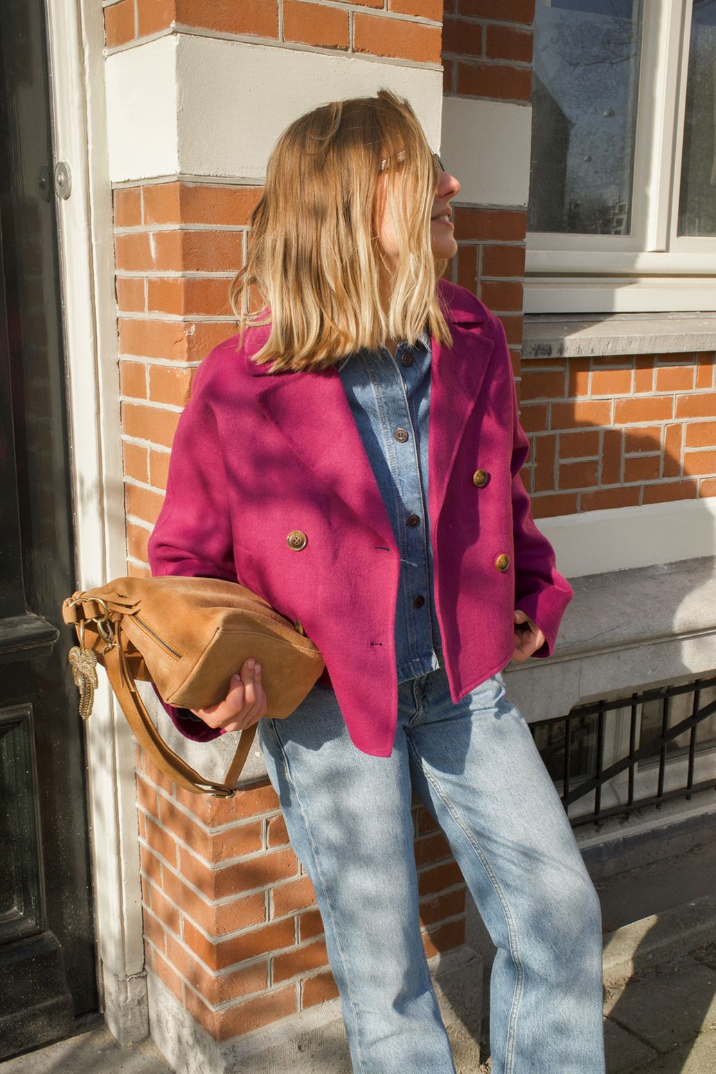 Paarse wollen peacoat jas