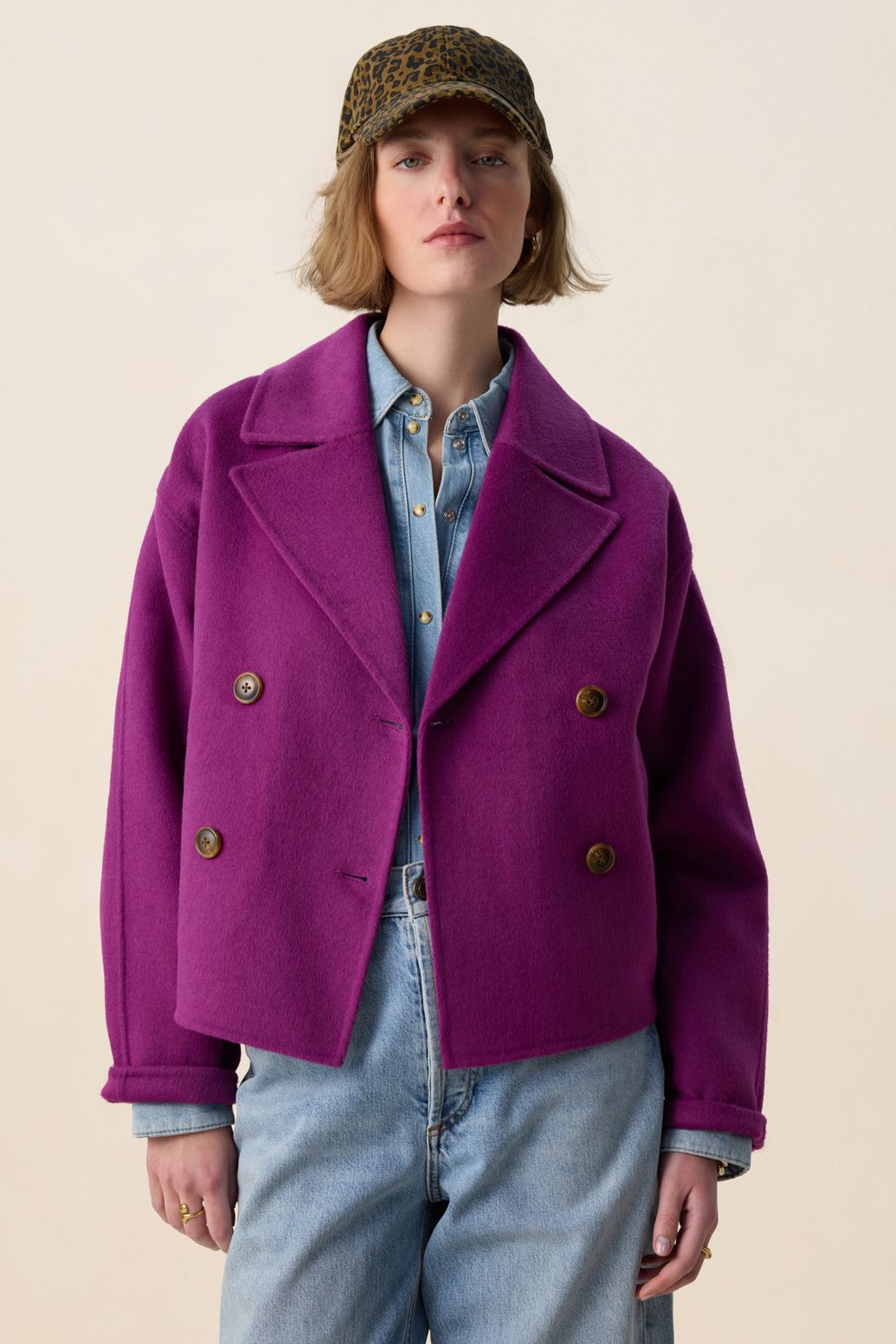 Paarse wollen peacoat jas