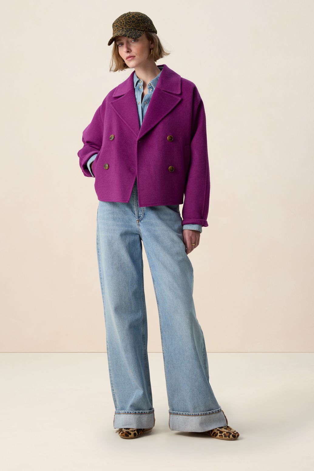 Paarse wollen peacoat jas