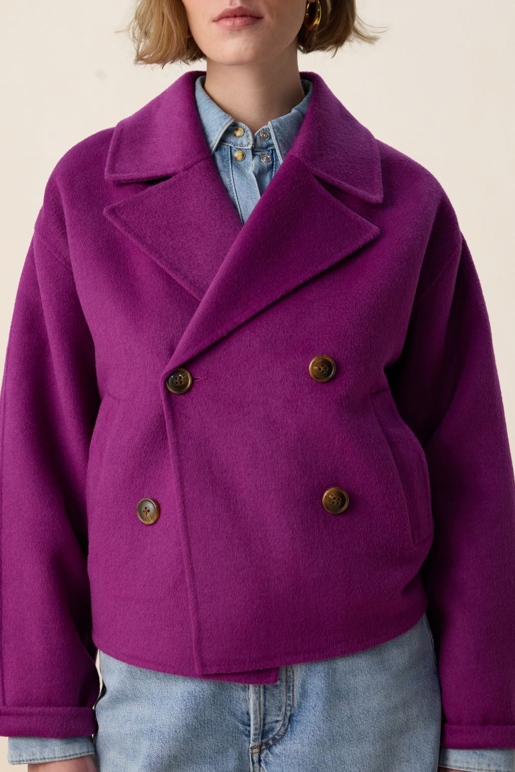 Paarse wollen peacoat jas