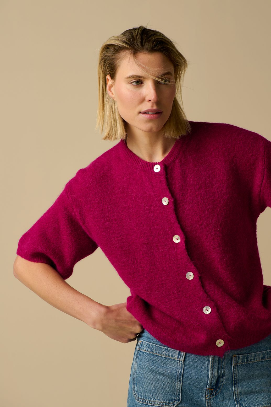 Kurzarm-Strickjacke - altrosa