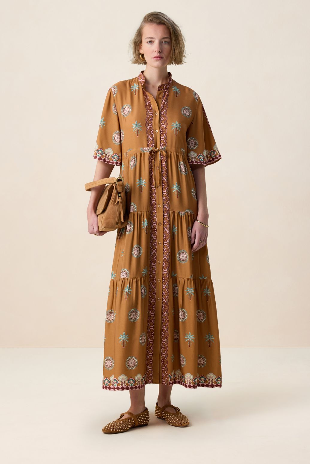 Bruine maxi jurk met palm print