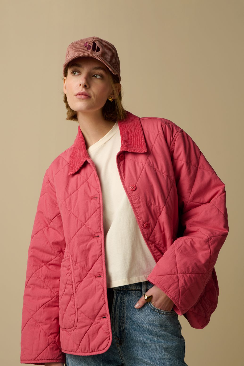 Steppjacke mit Cordkragen - rosa