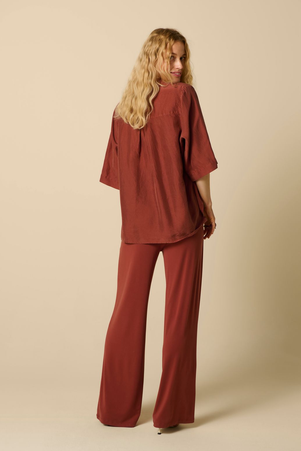 Donkerrode high waist wide leg broek