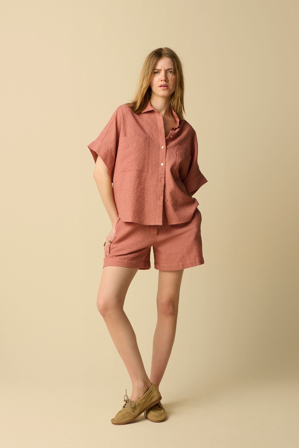 Gestreifte Kurzarmbluse - rosa