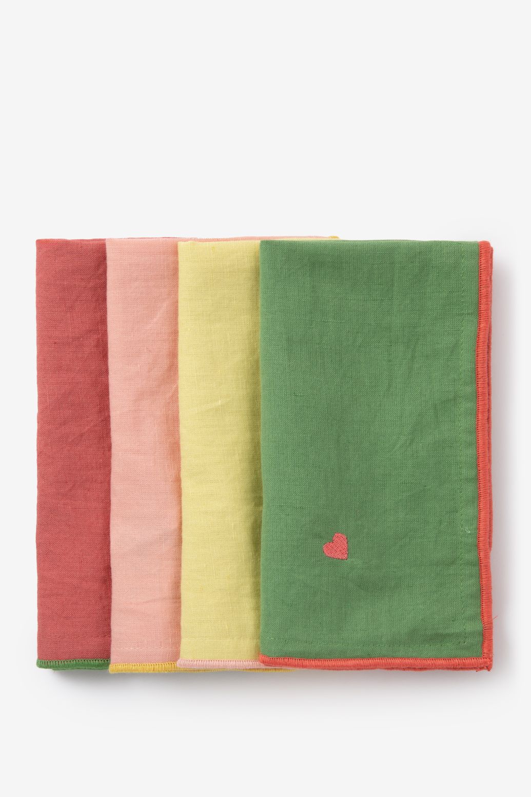 4er-Set Servietten mit Herzstickerei - mehrfarbig