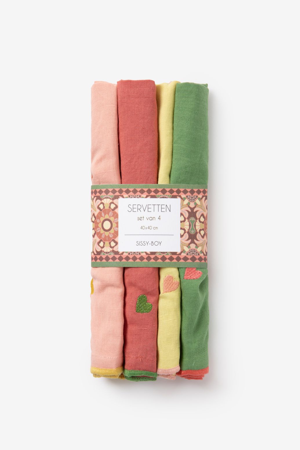 4er-Set Servietten mit Herzstickerei - mehrfarbig