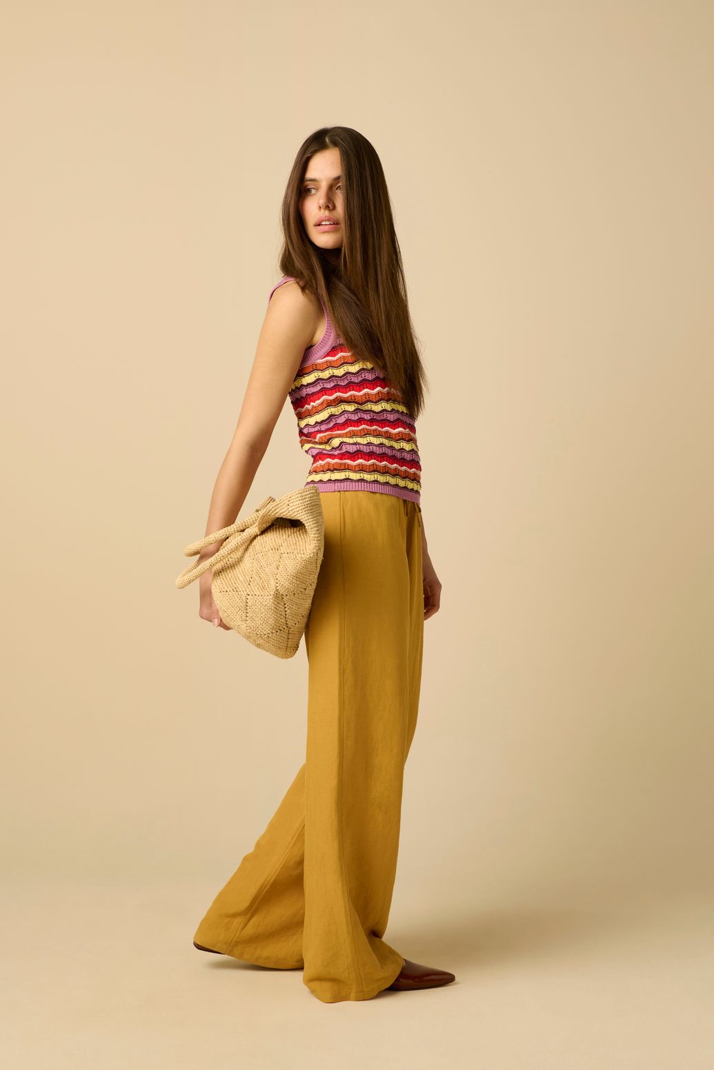 Pantalon taille haute jambes larges - jaune foncé