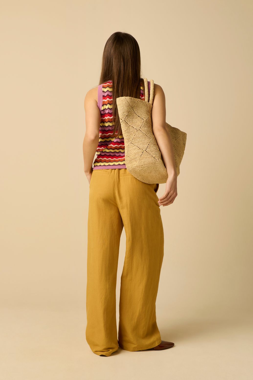 Pantalon taille haute jambes larges - jaune foncé